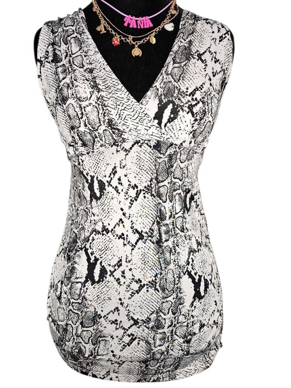 BodyC Y2K Snake Print Criss-Cross Back Shimmer Mini Dress Small